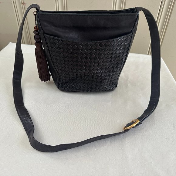 Ganson San Francisco Leather Woven Cross Body Purse Brown Metallic - Picture 2 of 6